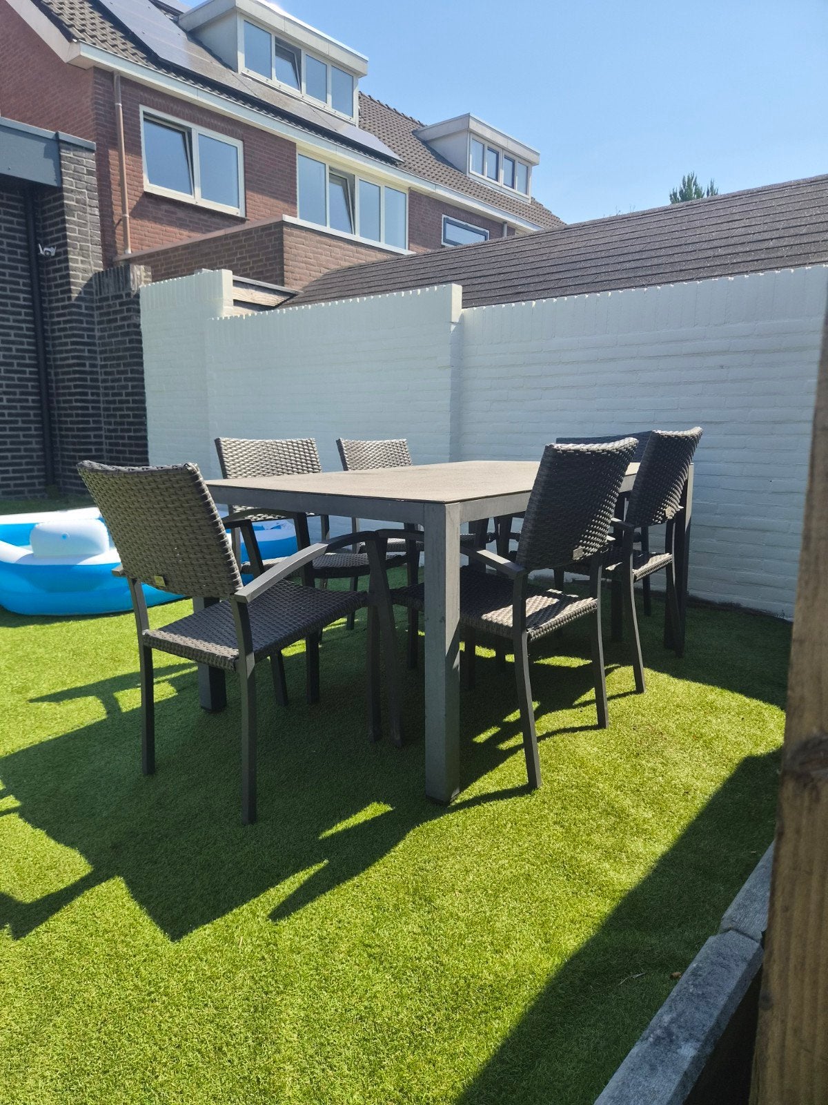 antraciet kleurige tuinset met 6 stapelbare stoelen, Tuin en Terras, Ophalen, Gebruikt, 6 zitplaatsen, Aluminium