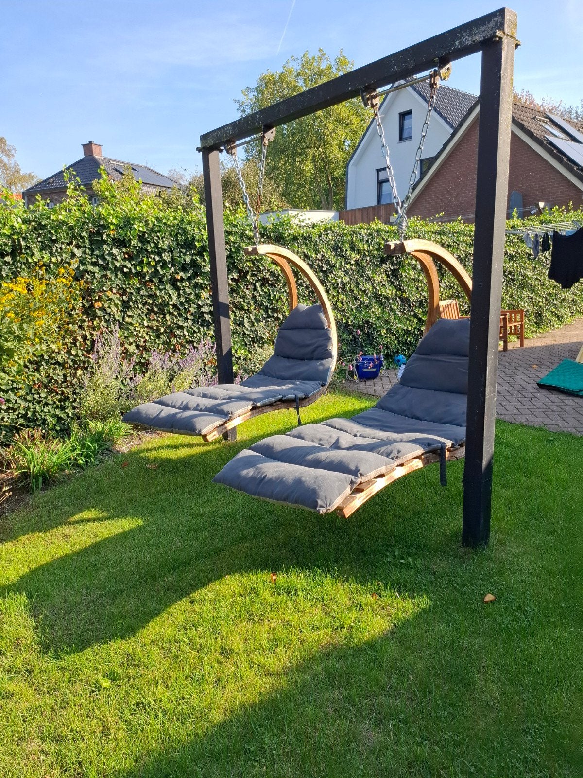 Houten schommelstoelen met  kussens, Tuin en Terras, Ophalen, Gebruikt, Meerpersoons, Met standaard