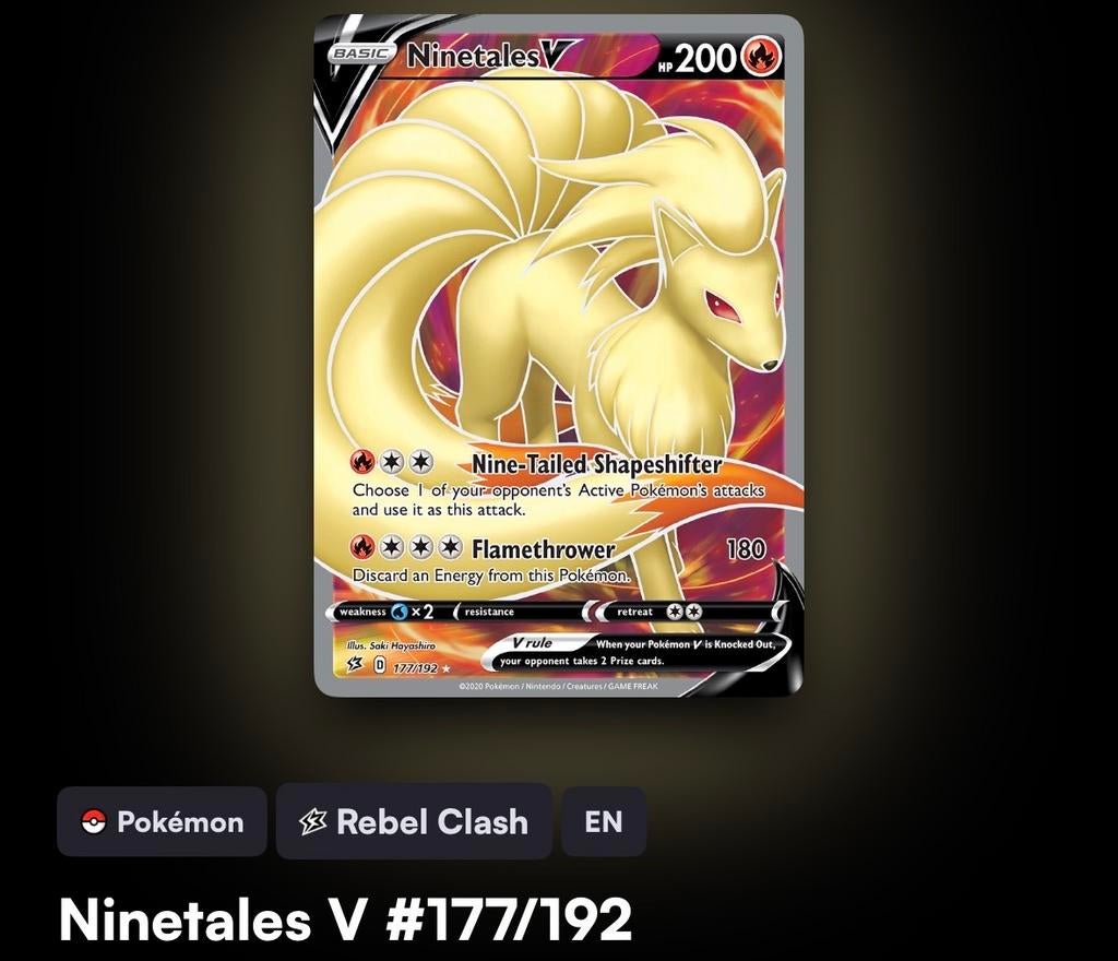Pokémon kaart Ninetales V #177/192 Rebel Clash, Ophalen of Verzenden, Gebruikt, Losse kaart
