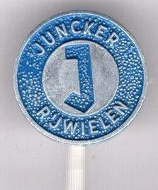 JUNCKER rijwielen blauw op zilverkleurig speldje ( G_101a ), Verzamelen, Verzenden, Nieuw, Transport, Speldje of Pin