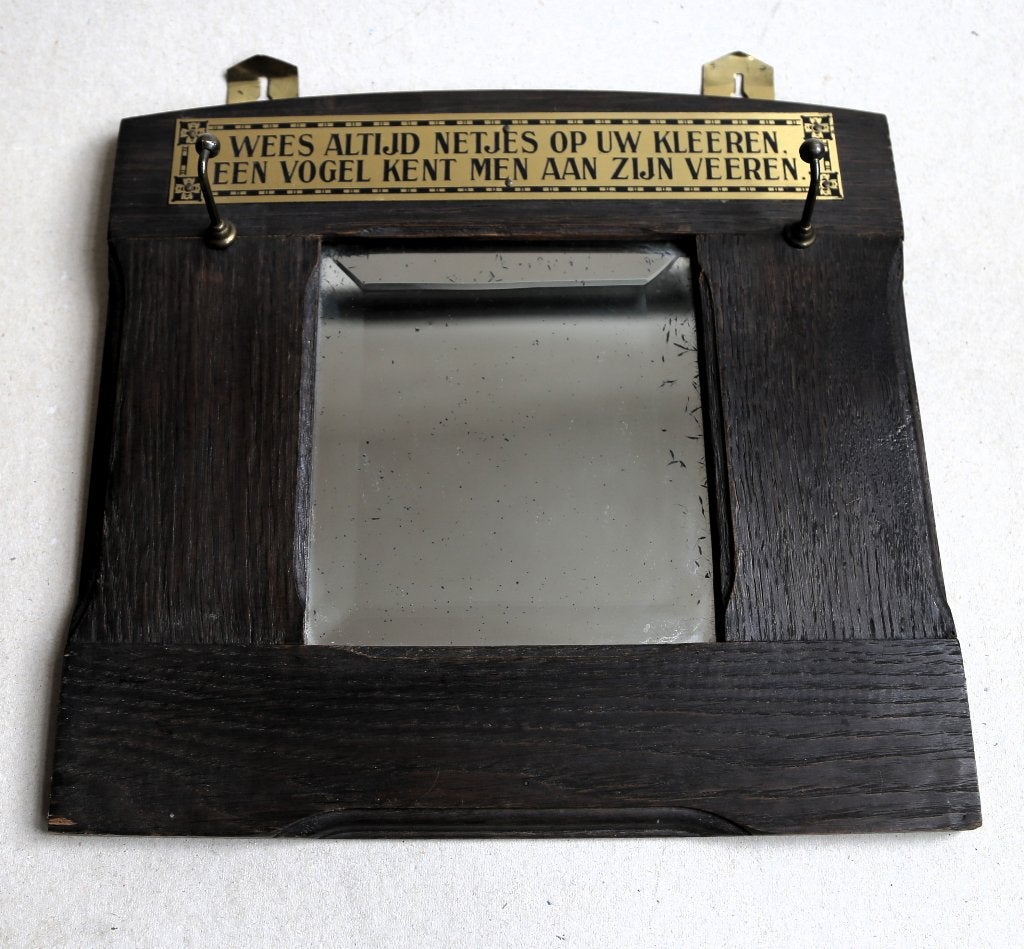 Wees altijd netjes op uw kleeren, antieke spiegel jaren 30, Antiek en Kunst, Ophalen of Verzenden, Vierkant, Minder dan 50 cm