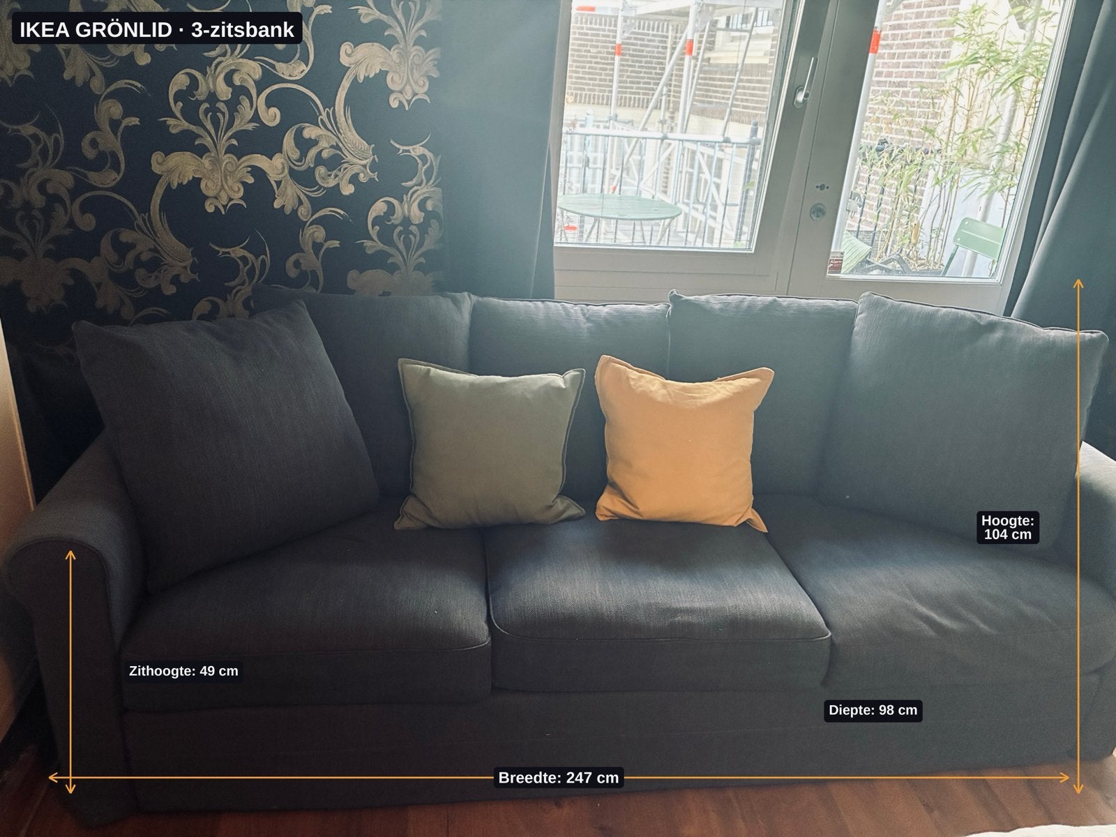 IKEA GRÖNLID 3-zitsbank, Huis en Inrichting, Banken | Bankstellen, Ophalen, Driepersoons, 75 tot 100 cm, Zo goed als nieuw