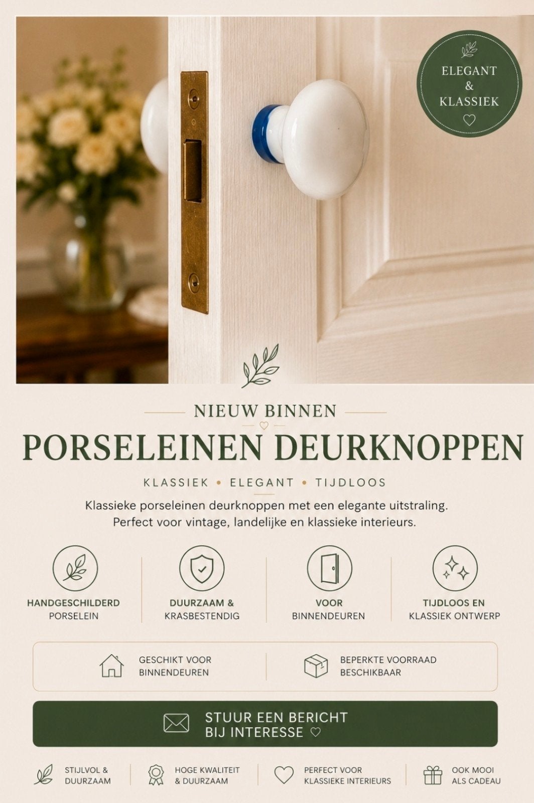 Porseleinen Deurknoppen – Klassiek & Elegant, Ophalen of Verzenden, Nieuw, Economie en Marketing