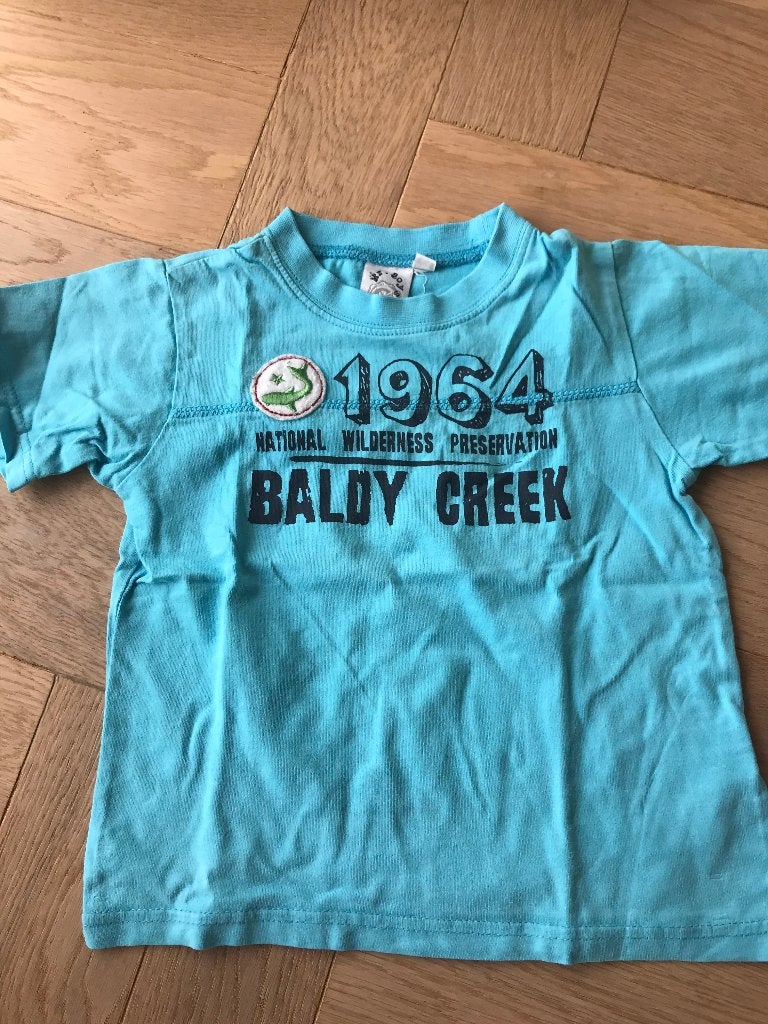 Leuk blauw shirt mt 104 met nog nette opdruk - nette staat, Ophalen of Verzenden, Gebruikt, Jongen, Shirt of Longsleeve