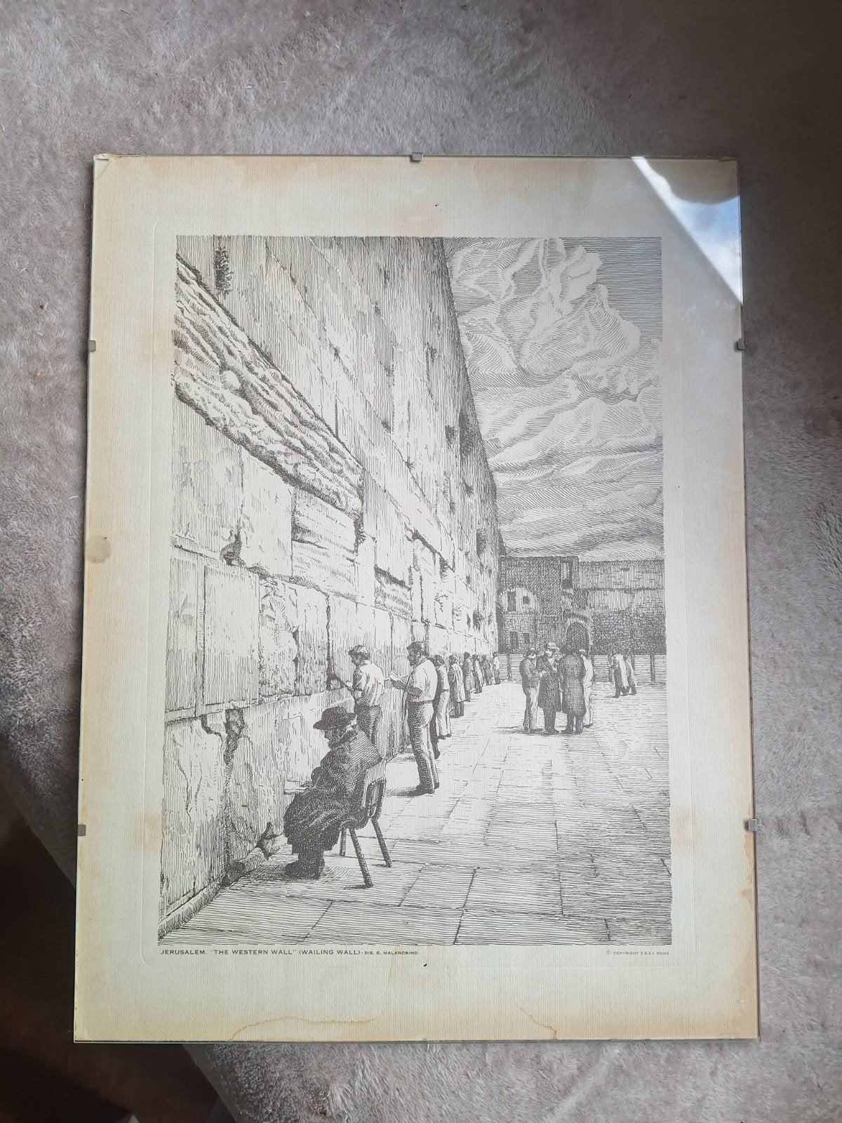 Vintage prent Klaagmuur Jeruzalem - ingelijst, Verzenden