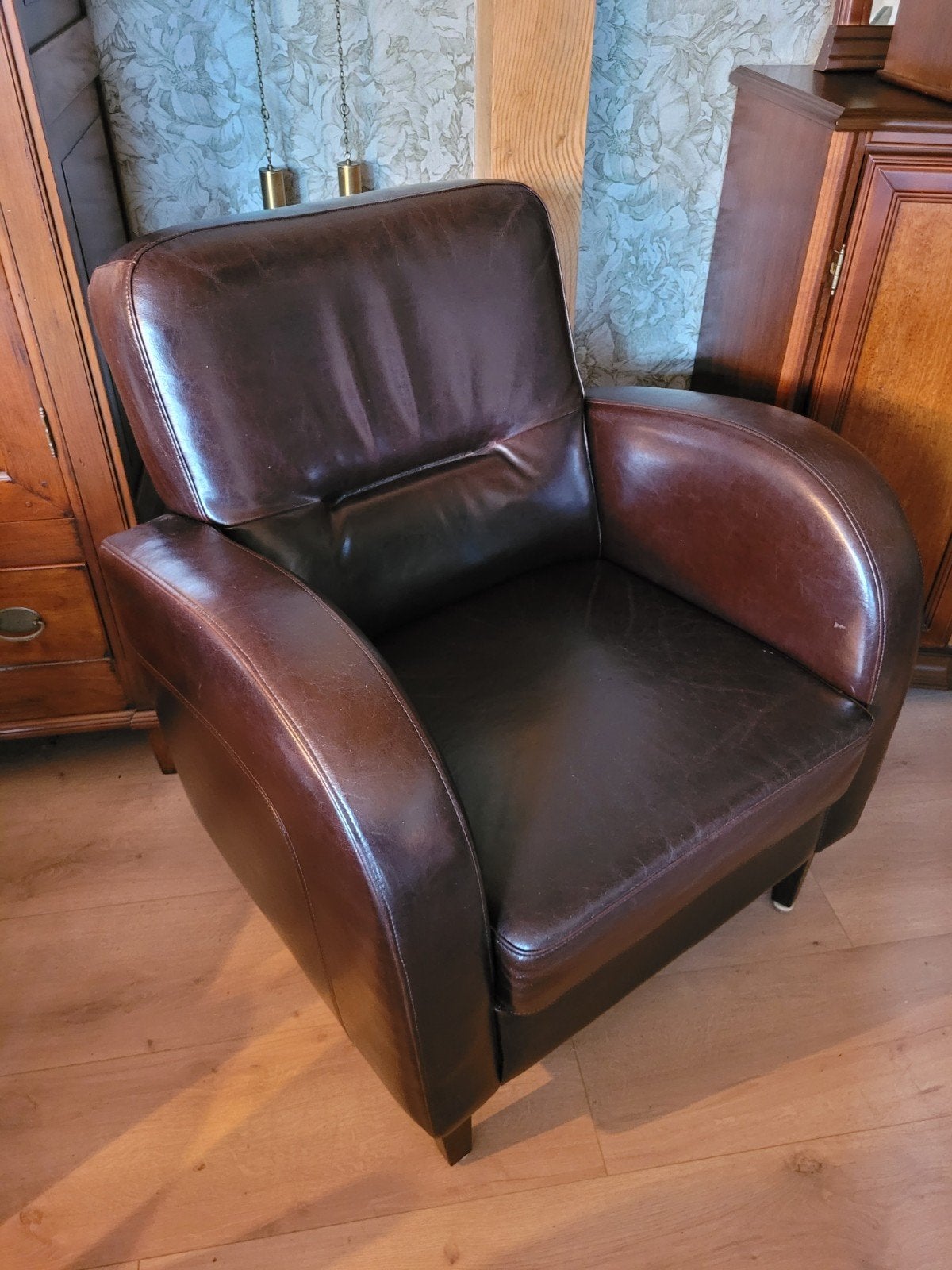 Bruinleren Art Deco clubfauteuil, Huis en Inrichting, Ophalen, Gebruikt, 75 tot 100 cm, Art Deco