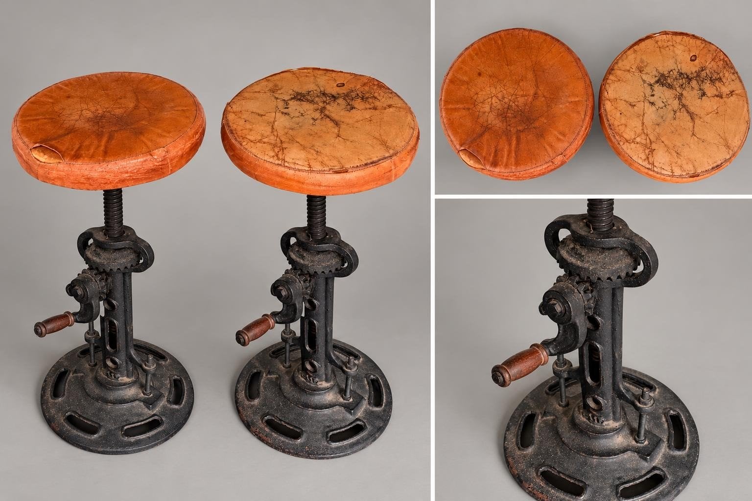 Unieke Set van 2 Industriële Zwengel-krukken – Gietijzer, Ophalen, Gebruikt, Hout, 60 tot 90 cm
