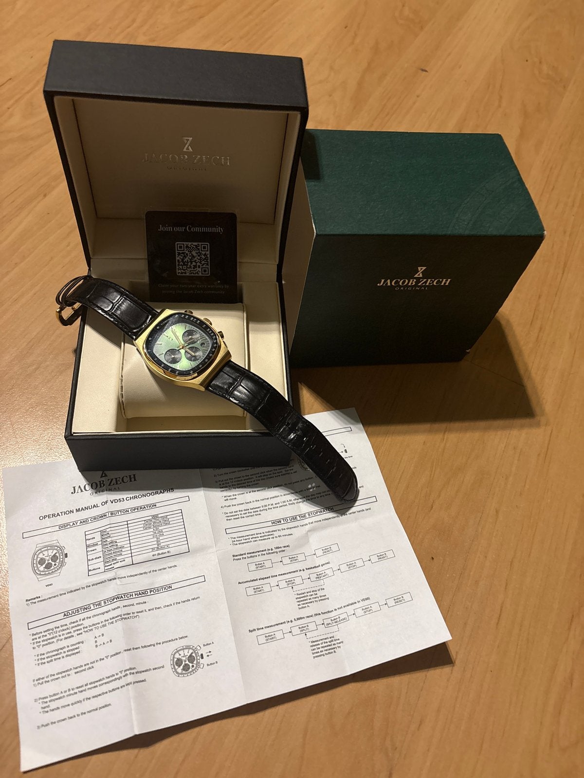 Jacob Zech Florence Chronograaf Horloge - Goud/Zwart, Leer, Polshorloge, Zo goed als nieuw, Goud