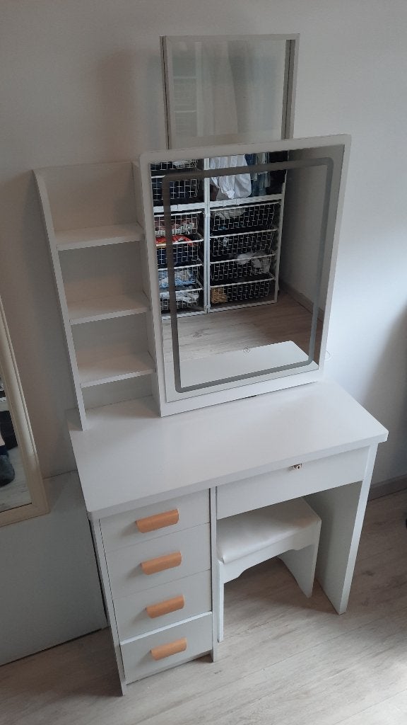 Witte Make-up tafel met Verlichting en Kruk, Ophalen, Gebruikt, 100 tot 150 cm, 50 tot 100 cm