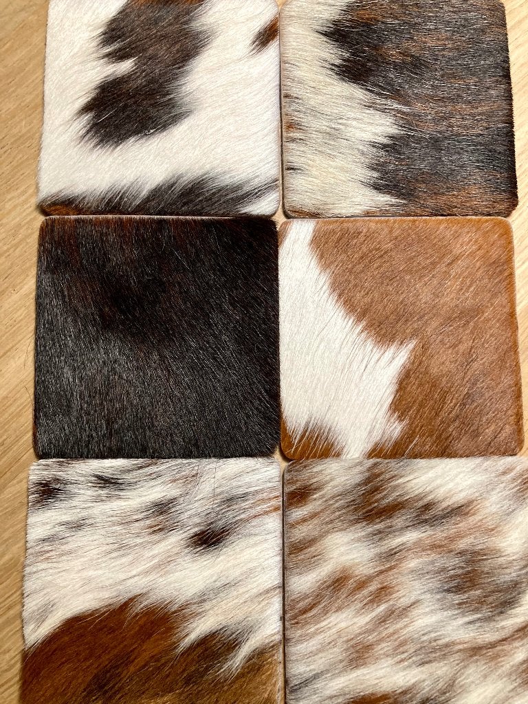 Design onderzetters in doosje koeienhuid + Cow Parade 2x 6st, Glasonderzetter, Ophalen of Verzenden, Zo goed als nieuw, Leer