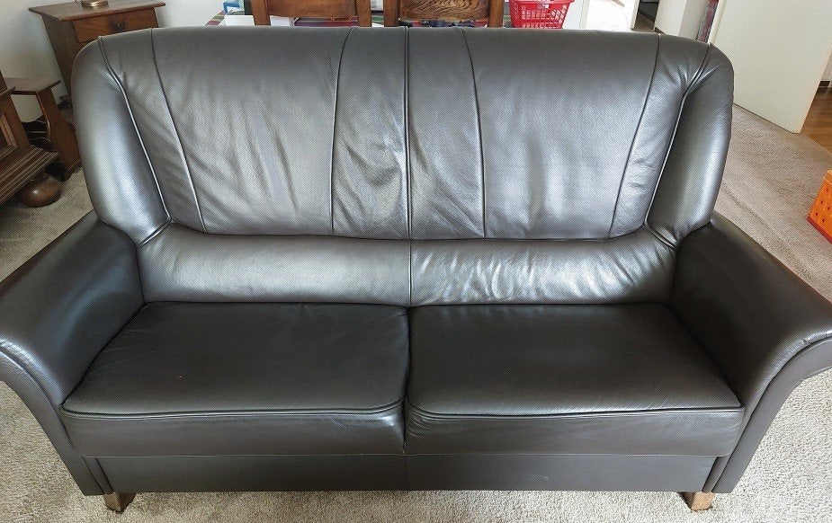 Leren bank + 2 Stoelen + Salontafel, Ophalen, Gebruikt, 150 tot 200 cm, Tweepersoons