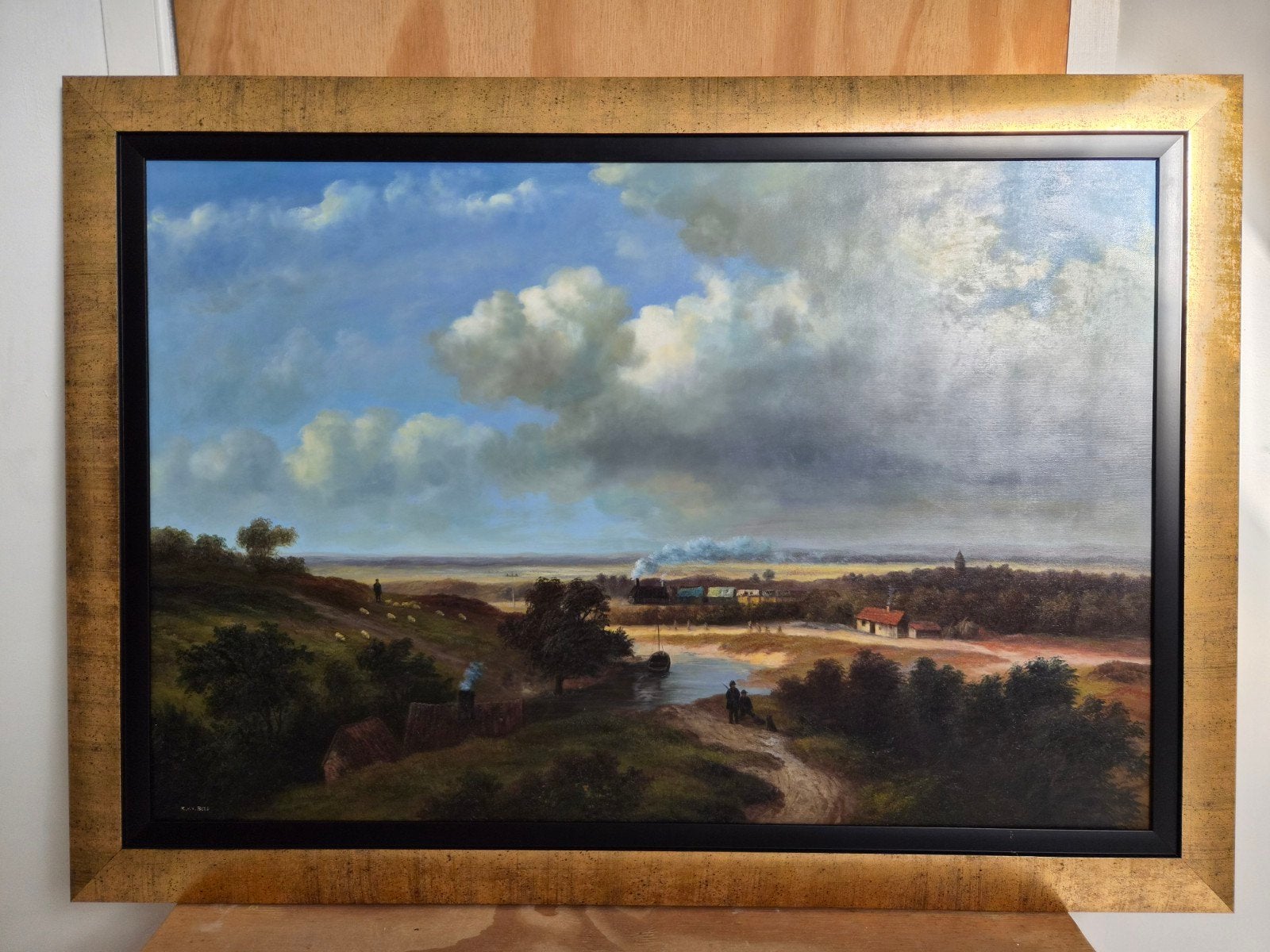 Olieverfschilderij K. van den Berg - Bollenlijn stoomtram, Antiek en Kunst, Ophalen, Gesigneerd, Landschap, Doek