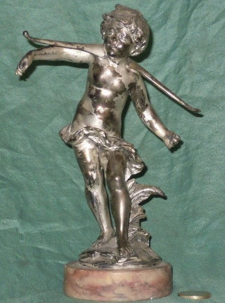Antiek verzilverd metaal beeld Jongen met juk, Zilver, Art nouveau, Ophalen of Verzenden, 20 - 50 cm