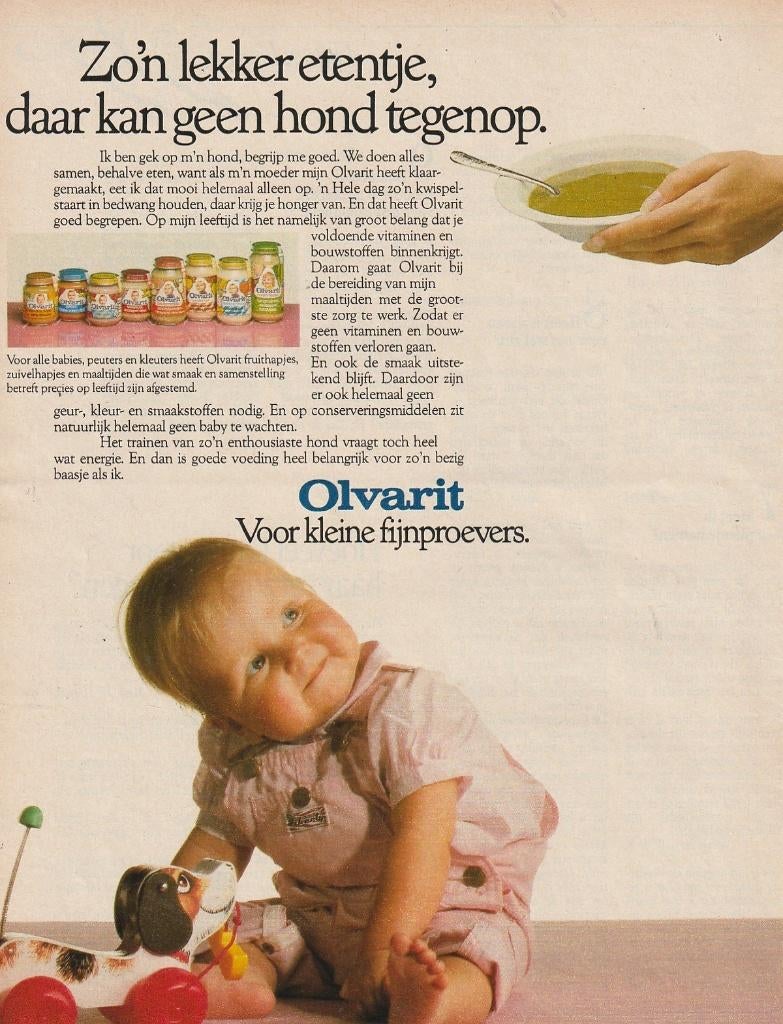 Retro reclame 1986 Nutricia Olvarit baby meisje met hondje, Verzamelen, Verzenden, Overige typen