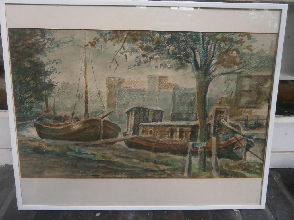 DE ROTTE TE ROTTERDAM, Mooie Pastel met Schepen Gesign., Ophalen of Verzenden