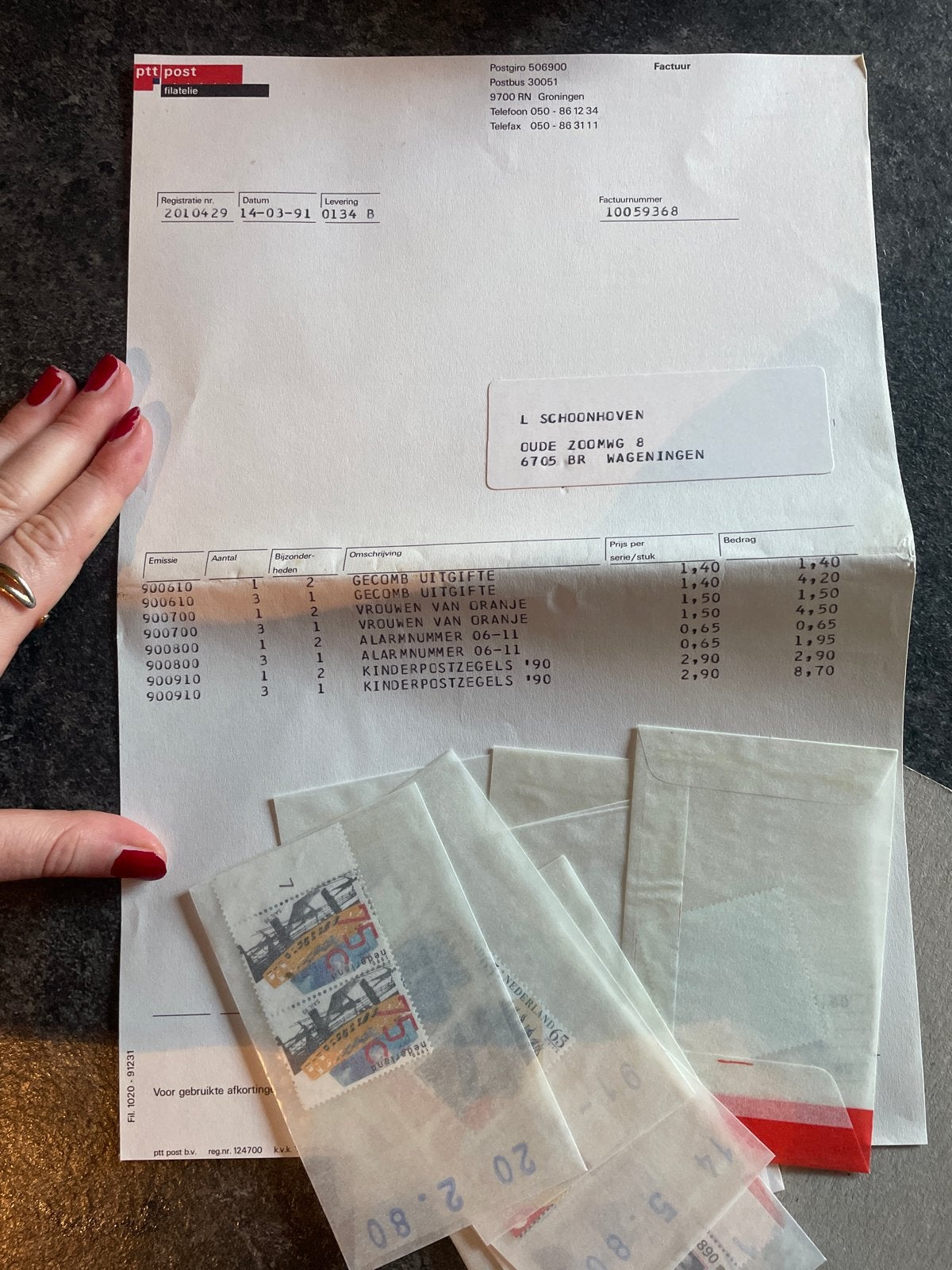 PTT Post Filatelie Factuur met Postzegels uit 1991, Ophalen of Verzenden, Na 1940, Postfris