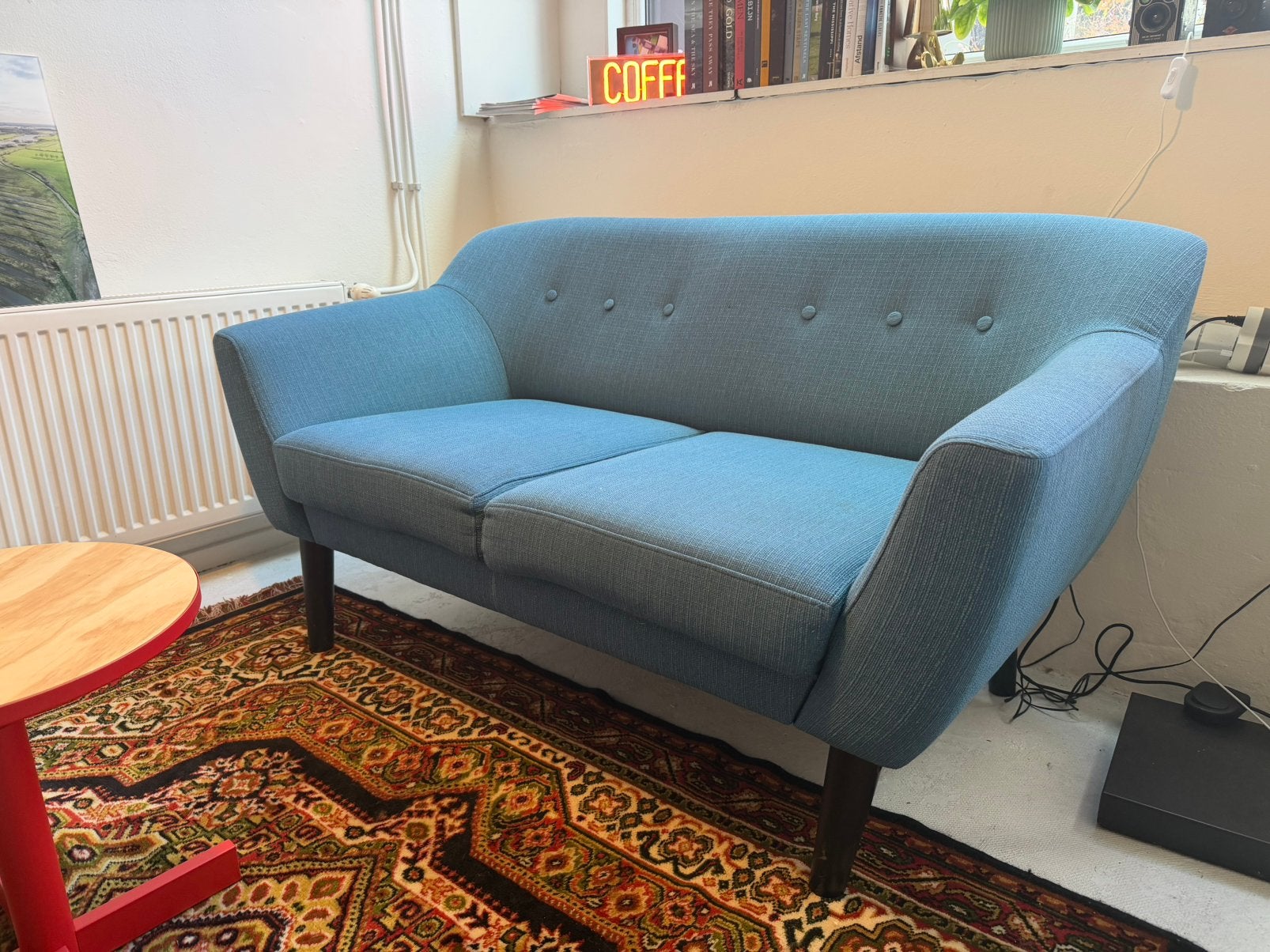 Leuk simpel klein blauw bankje, Huis en Inrichting, Ophalen, Gebruikt, Tweepersoons, 75 tot 100 cm