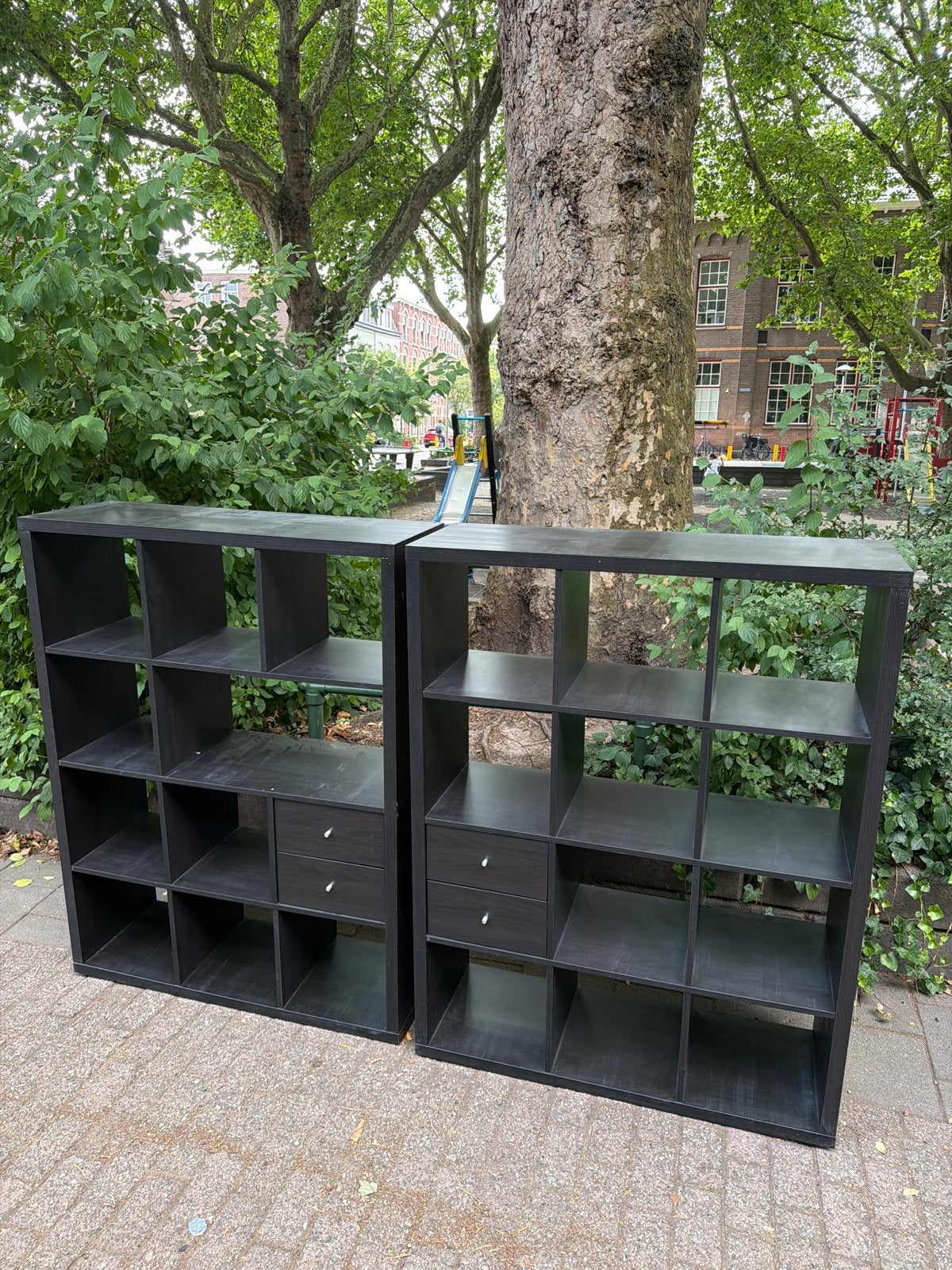 IKEA Kallax Kast Zwart - 2 stuks met lades, Ophalen, Overige materialen, Gebruikt, 100 tot 150 cm