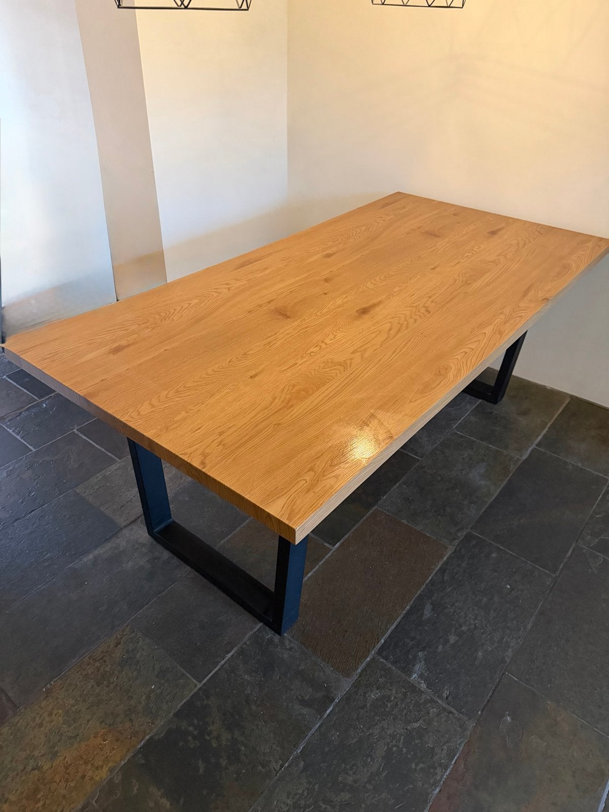eettafel 100x200cm met metalen onderstel, Ophalen, Eikenhout, 50 tot 100 cm, Zo goed als nieuw