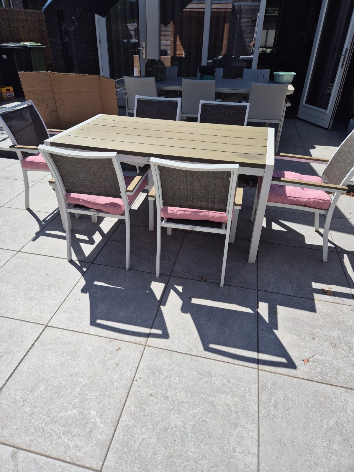 Tuinset: Tafel met 6 stoelen en kussens, Ophalen, Gebruikt, 6 zitplaatsen, Tuinset
