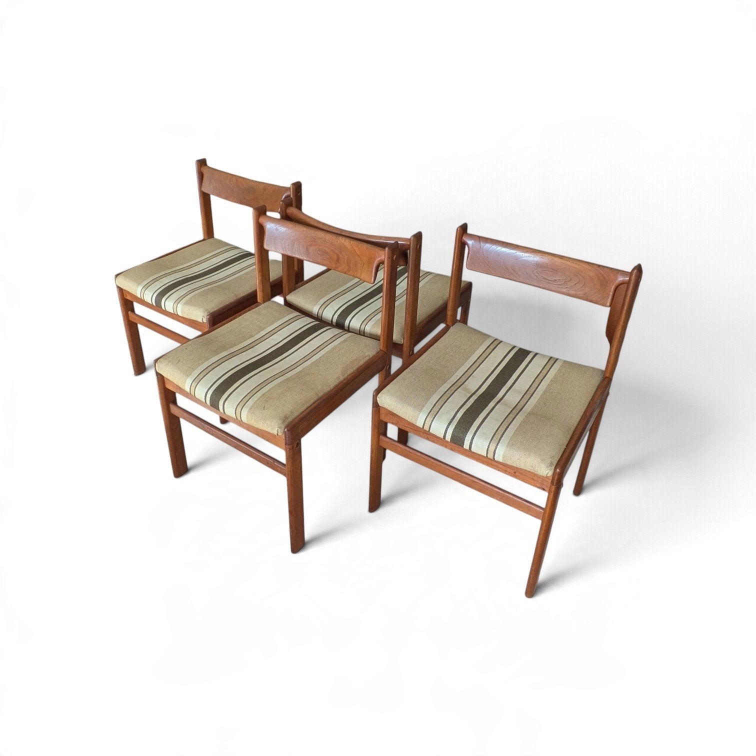 Vintage Deense set van 4 teakhouten eetkamerstoelen, Bramin, Ophalen, Hout, Gebruikt, Bruin