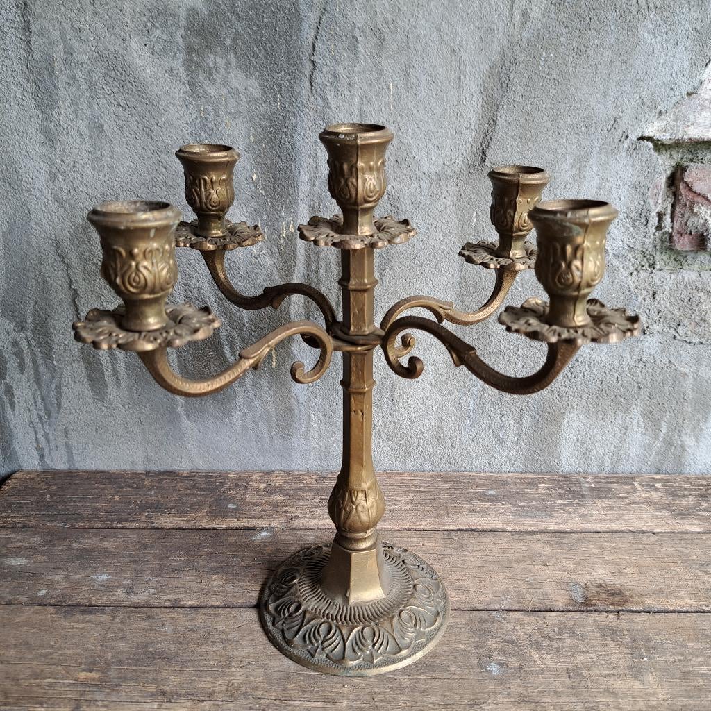 Oude brocante Franse koperen kandelaar 5-arms *Etage3*, Gebruikt, ., Ophalen of Verzenden, .