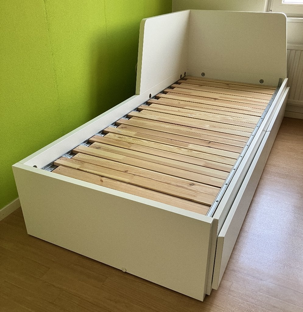 Bedbank met 2 lades, wit, 80x200 cm, Ophalen, Verstelbaar, Eenpersoons, Wit