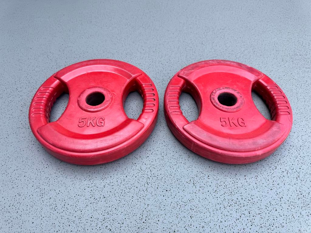 2x Halterschijven 5kg - Rood, Ophalen of Verzenden, Gebruikt, Armen, Halterschijven