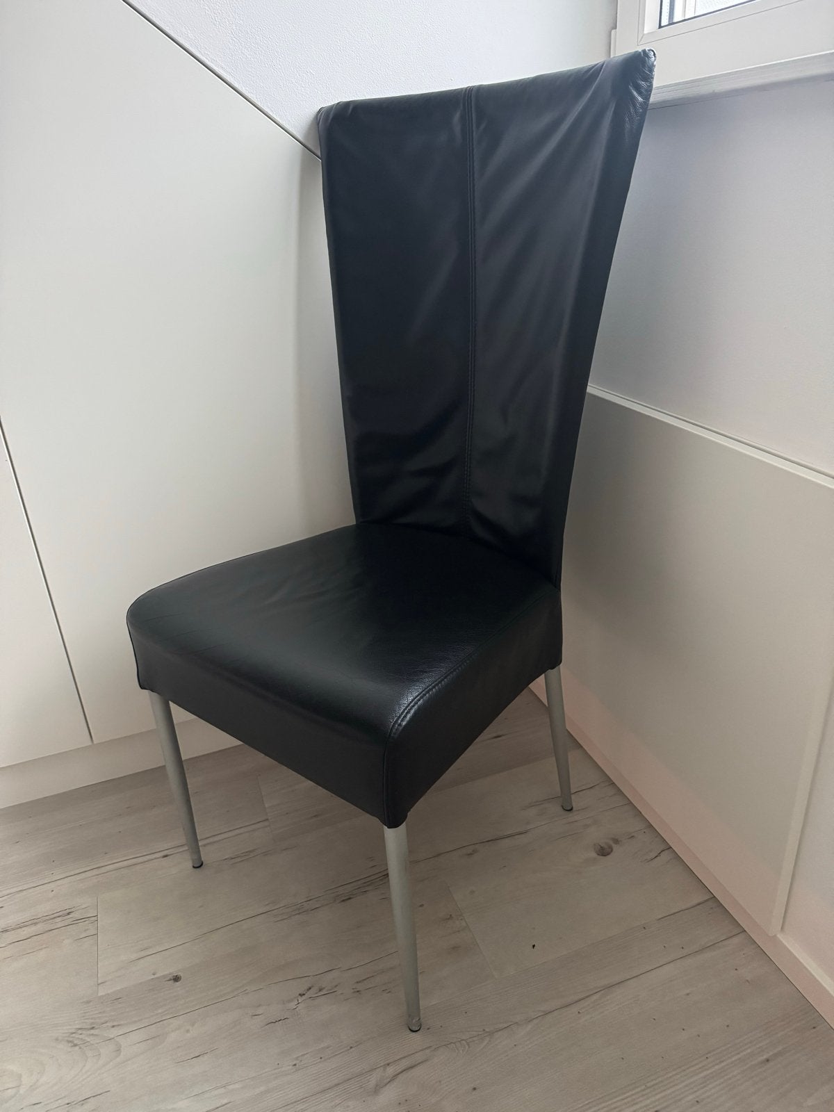 4 Zwarte Echt Lederen Eetkamerstoelen, Huis en Inrichting, Ophalen, Gebruikt, Zwart, Leer