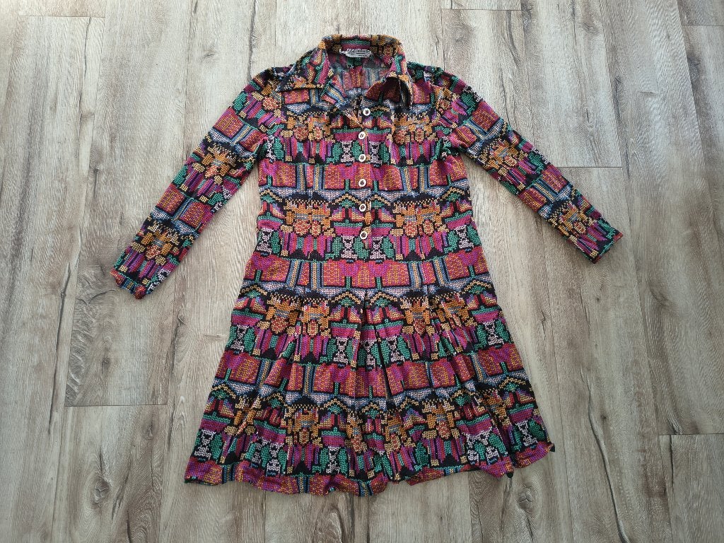 Unieke gekleurde jurk met knopen en kraag, maat L. Devernois, Kleding | Dames, Onb, Maat 42/44 (L), Ophalen of Verzenden, Boven de knie