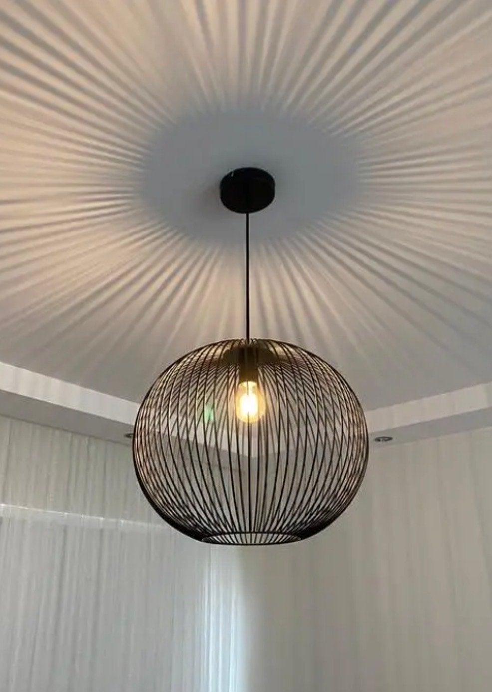 Moderne Zwarte Draadlamp - Hanglamp Ø44cm, Ophalen of Verzenden, Zo goed als nieuw, Metaal, E27 (groot)