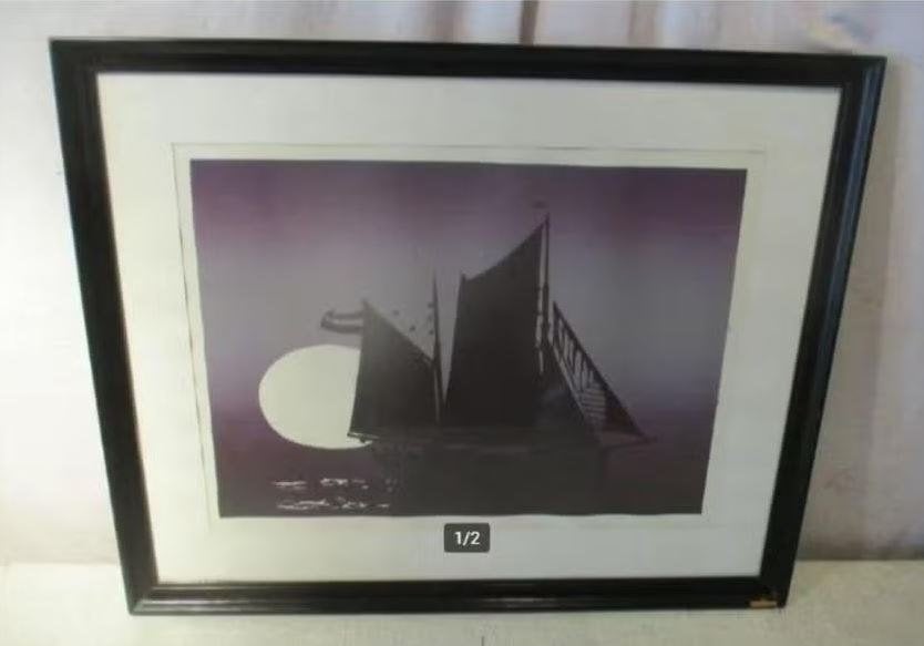 Mooie Litho 'Zeilboot bij Zonsondergang' - 54x44, Ophalen of Verzenden