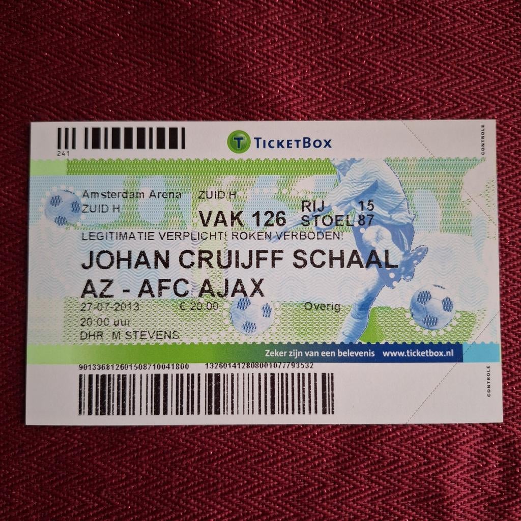 Oud voetbalkaartje ticket AZ Ajax Johan Cruijff Schaal 2013, Ophalen of Verzenden, Zo goed als nieuw, Ajax, Overige typen