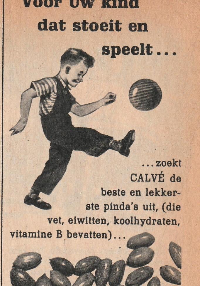 retro reclame 1955 Calvé pindakaas jongetje met voetbal, Verzenden, Overige typen