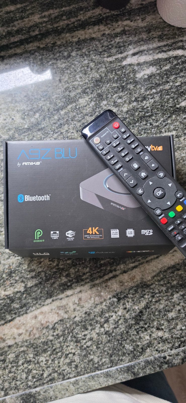 Amiko A9Z BLU Android TV Box 4K met afstandsbediening, Ophalen, Zo goed als nieuw, HDMI, Minder dan 500 GB