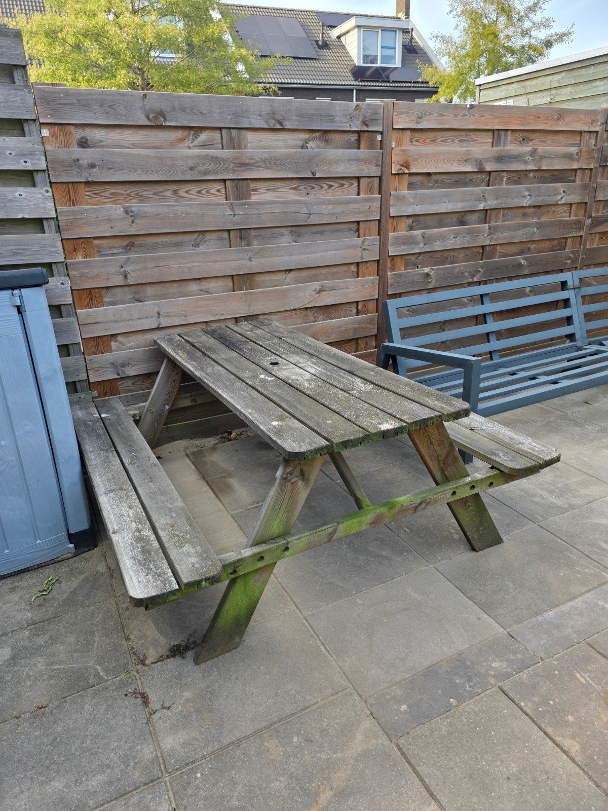 Houten picknicktafel - L180 B175 H76, Ophalen, Gebruikt, Rechthoekig, Hout