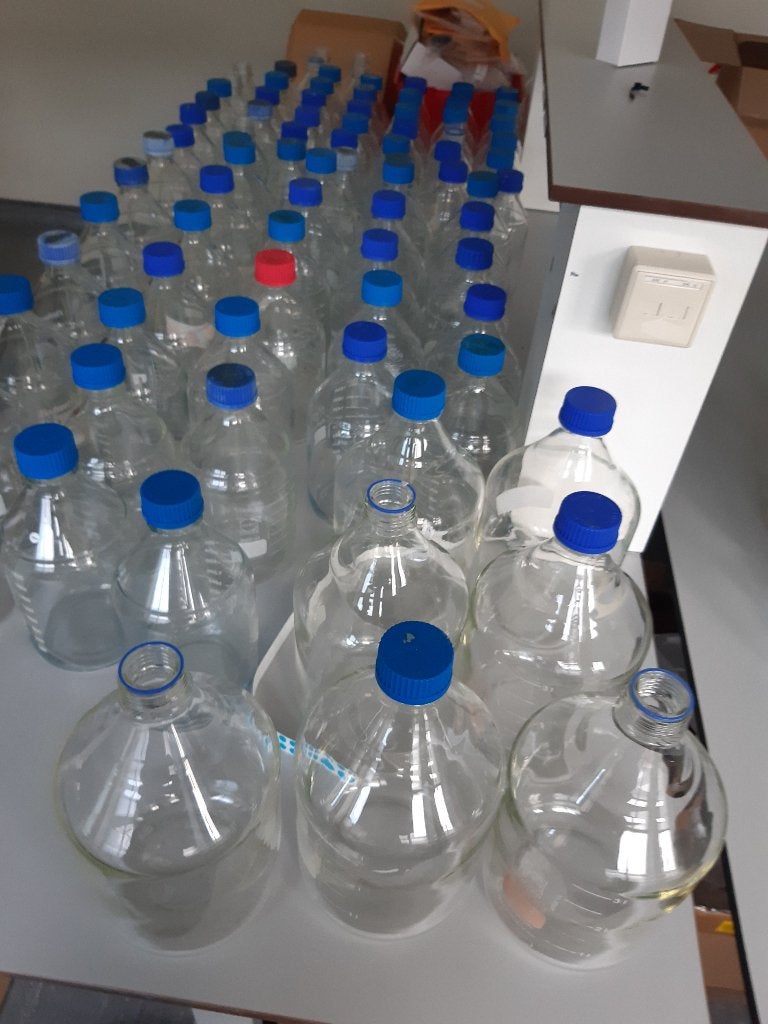 laboratorium lab fles labfles Schott Duran schroefdraad dop, Ophalen, Gebruikt