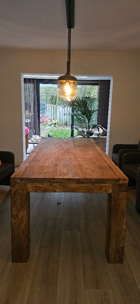 Robuuste teakhouten eettafel - 230x100 cm, Huis en Inrichting, Tafels | Eettafels, Ophalen, Gebruikt, 200 cm of meer, 50 tot 100 cm