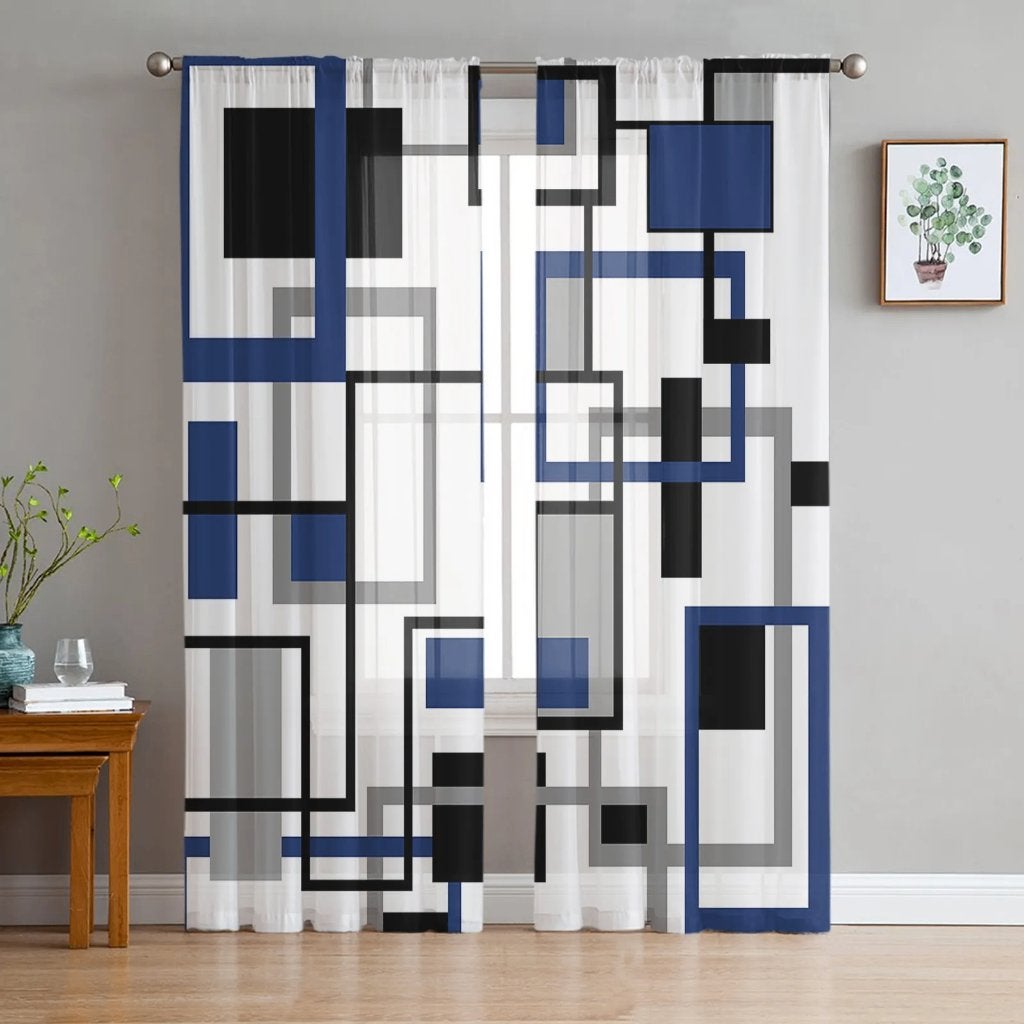 Geometrisch Wit Zwart Blauw Grijs Gordijn Inbetween Modern, Verzenden, Nieuw, Grijs, Gordijn