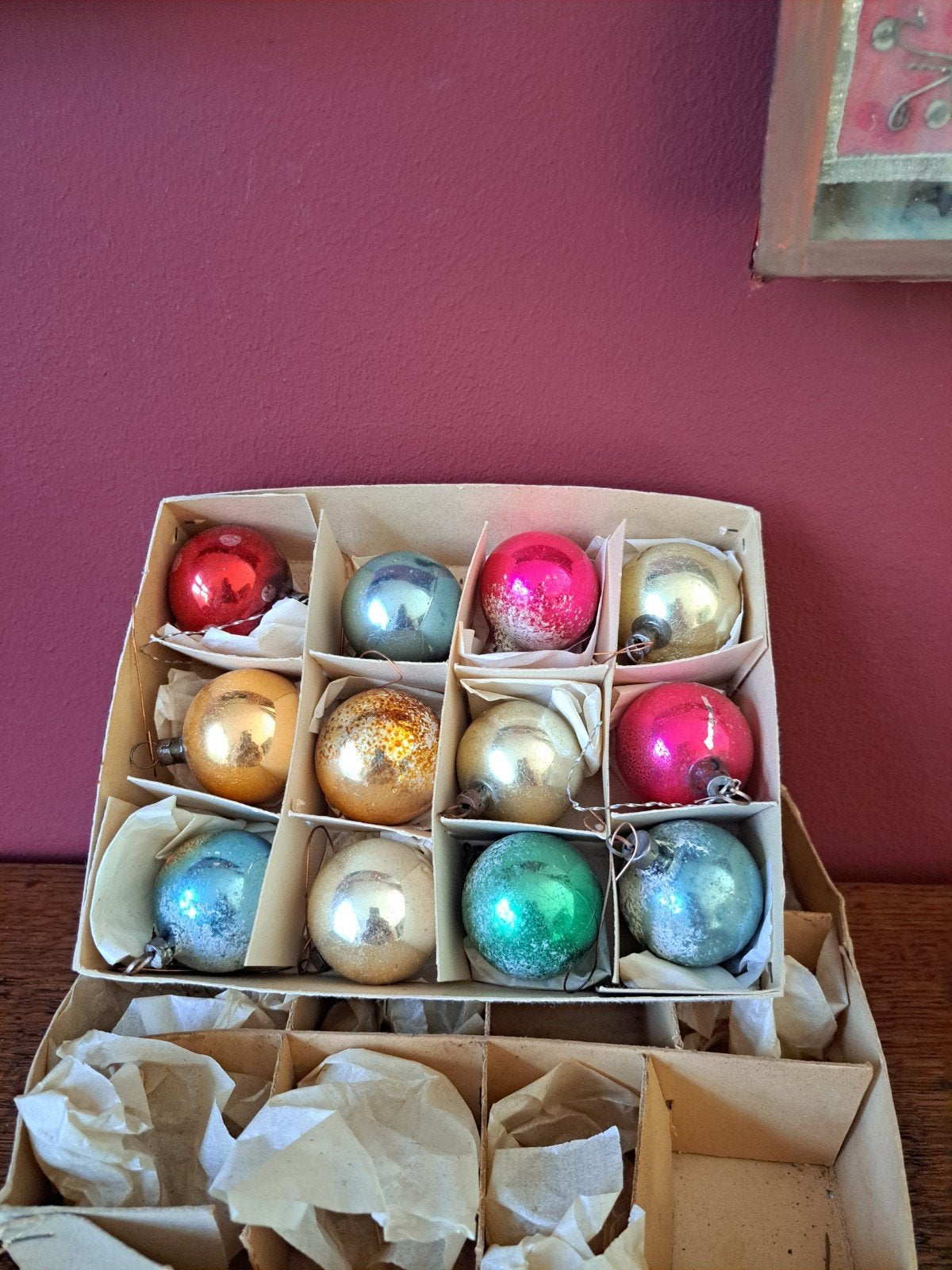doosje vintage kerstballen pastel, Ophalen of Verzenden