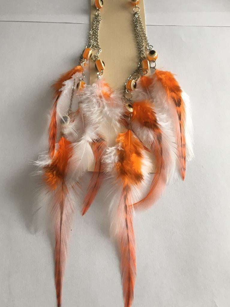Lange oranje witte veren hang oorbellen, Overige materialen, Hangers, Nieuw, Oranje
