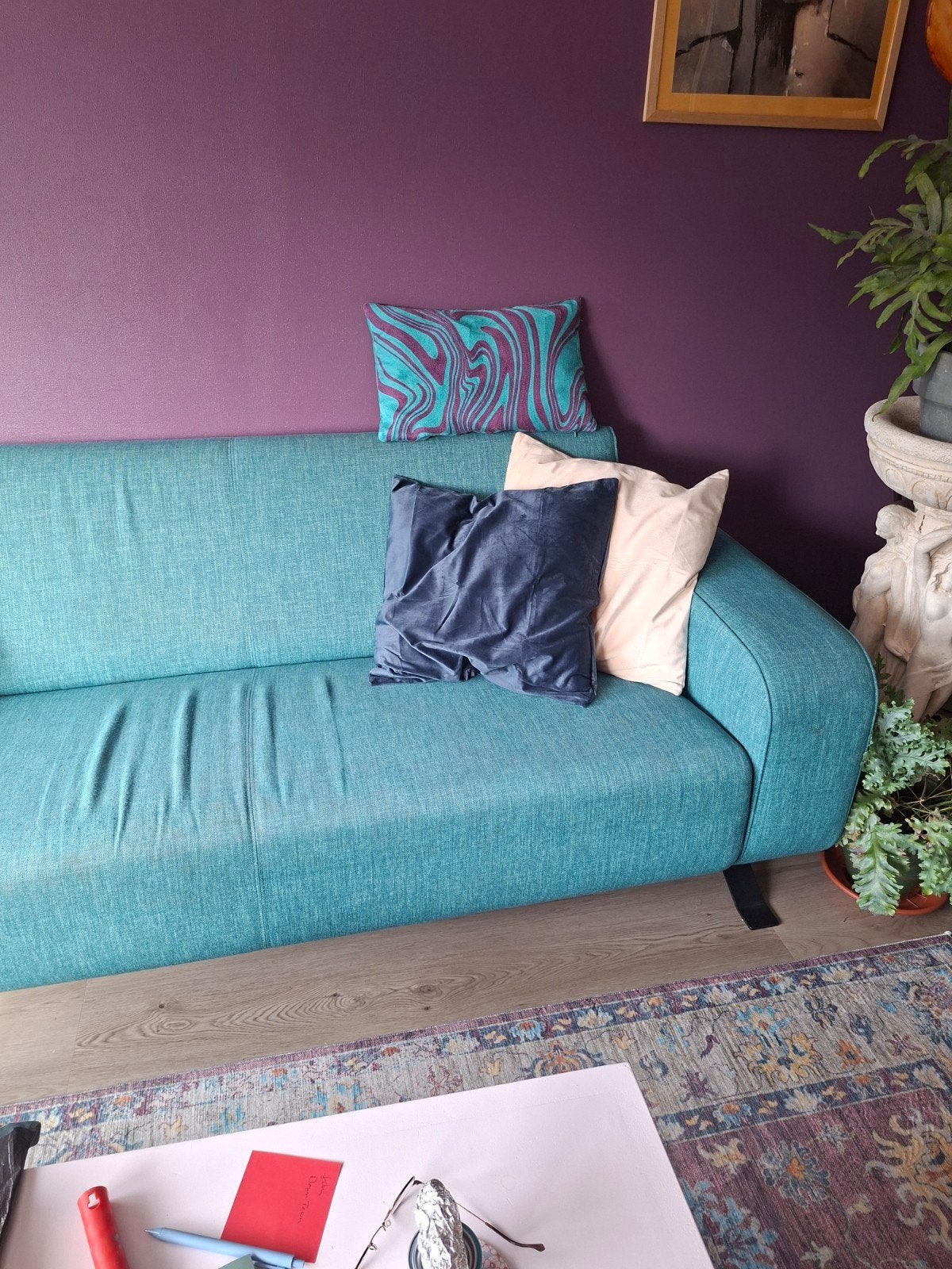 Comfortabele turquoise bank., Huis en Inrichting, Ophalen, Gebruikt, Overige maten, 75 tot 100 cm