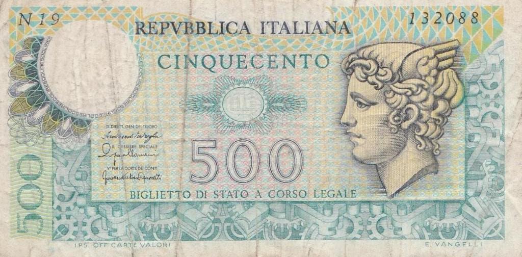 Italie 500 lire uit 1976 (Mercurio), Postzegels en Munten, Bankbiljetten | Europa | Niet-Eurobiljetten, Ophalen of Verzenden, Italië