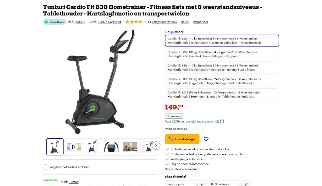 Tunturi Cardio Fit B30 Hometrainer, Ophalen, Nieuw, Hometrainer