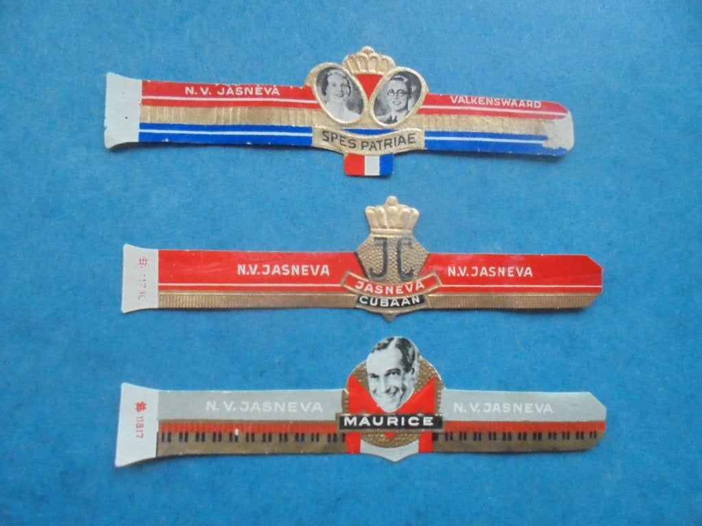 3 oude sigarenbanden NV Jasneva, 2 met nr. op lip, Ophalen of Verzenden, Zo goed als nieuw, Sigarenbandjes
