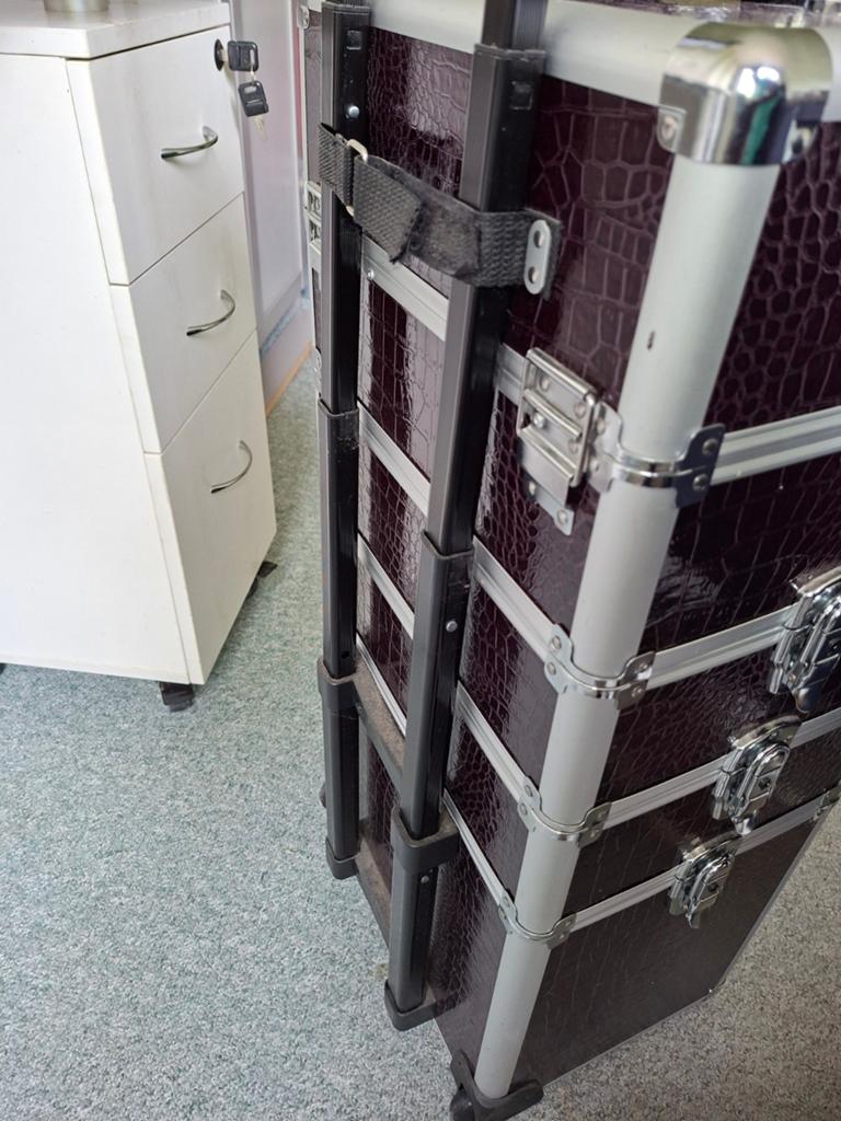 Koffertrolley 4-delig voor nagelzetten. Donkerpaars croco., Wieltjes, Hard kunststof, Ophalen of Verzenden, Zo goed als nieuw