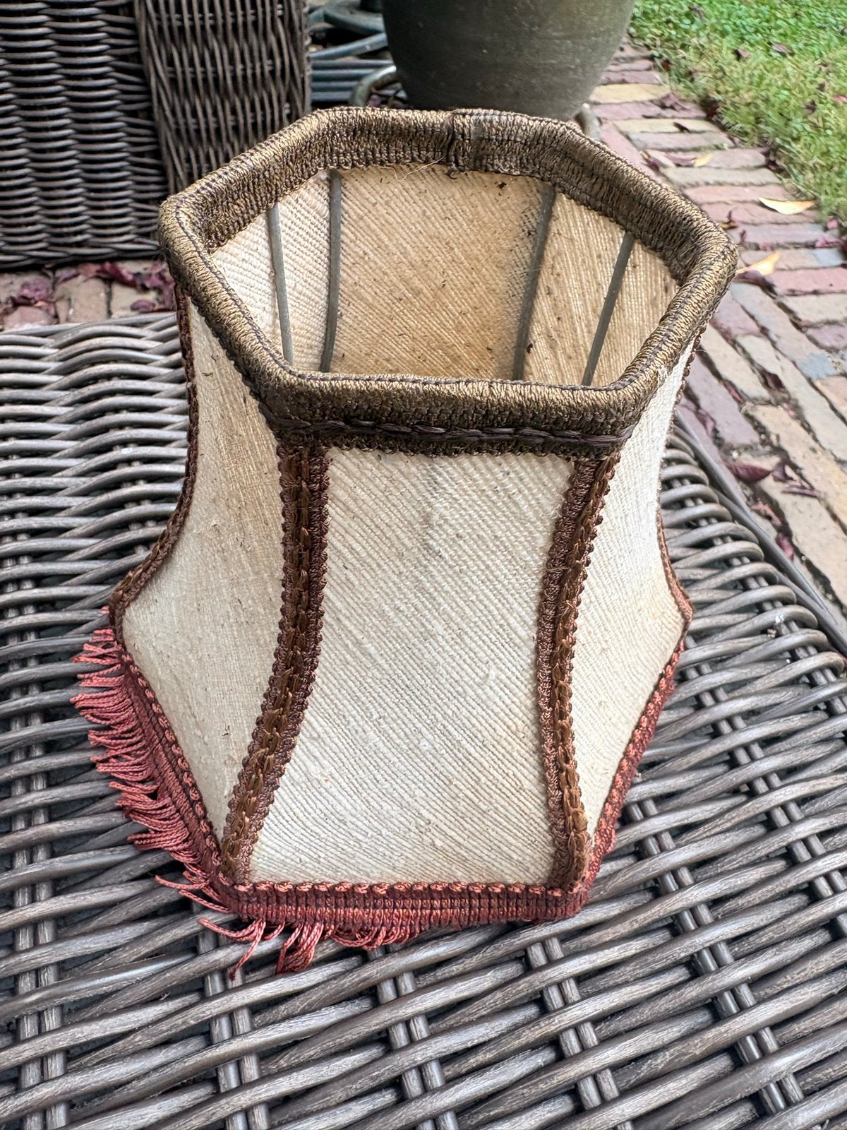 Vintage stoffen lampenkap met franje, zeshoekig, Ophalen of Verzenden