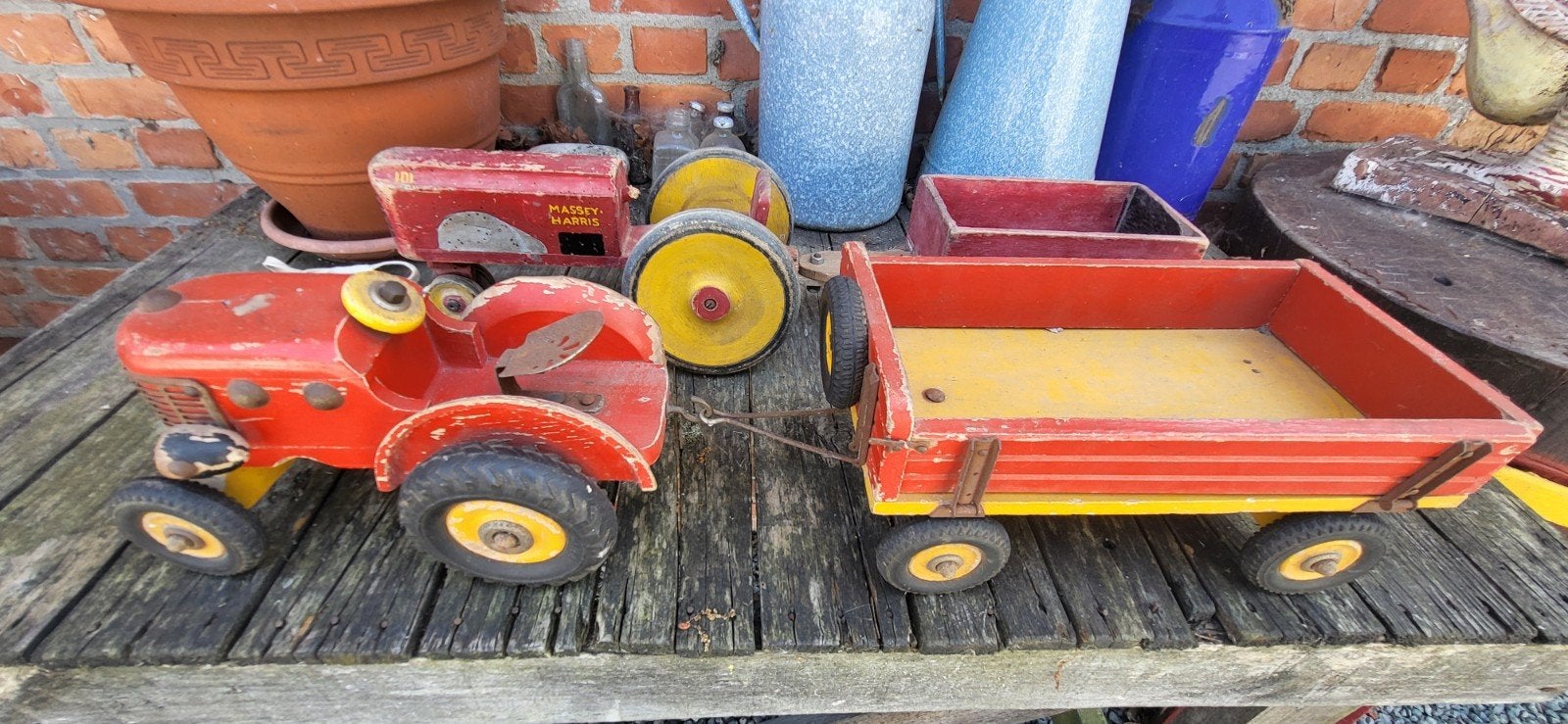 2 Oude Houten Speelgoed Tractoren met Aanhanger, Antiek en Kunst, Antiek | Speelgoed, Ophalen of Verzenden