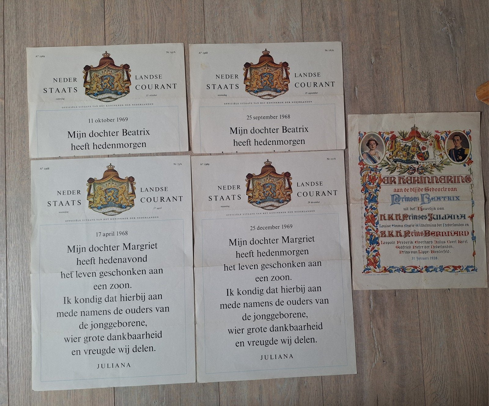 5 x Oranje aankondigingen Staatscourant., Ophalen of Verzenden, Overige landen