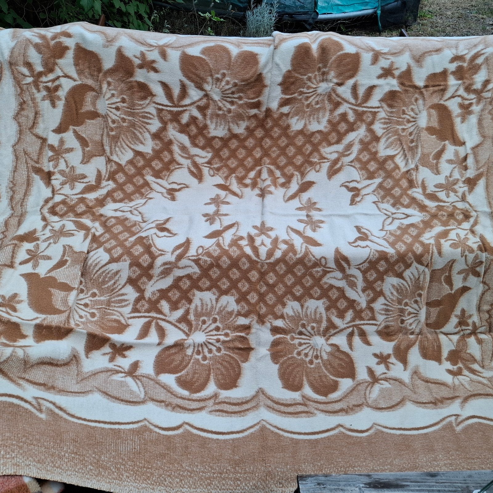 Retro wollen deken woonplaid woondeken plaid 220x195 cm, Huis en Inrichting, Slaapkamer | Beddengoed, Gebruikt, Bruin, Verzenden